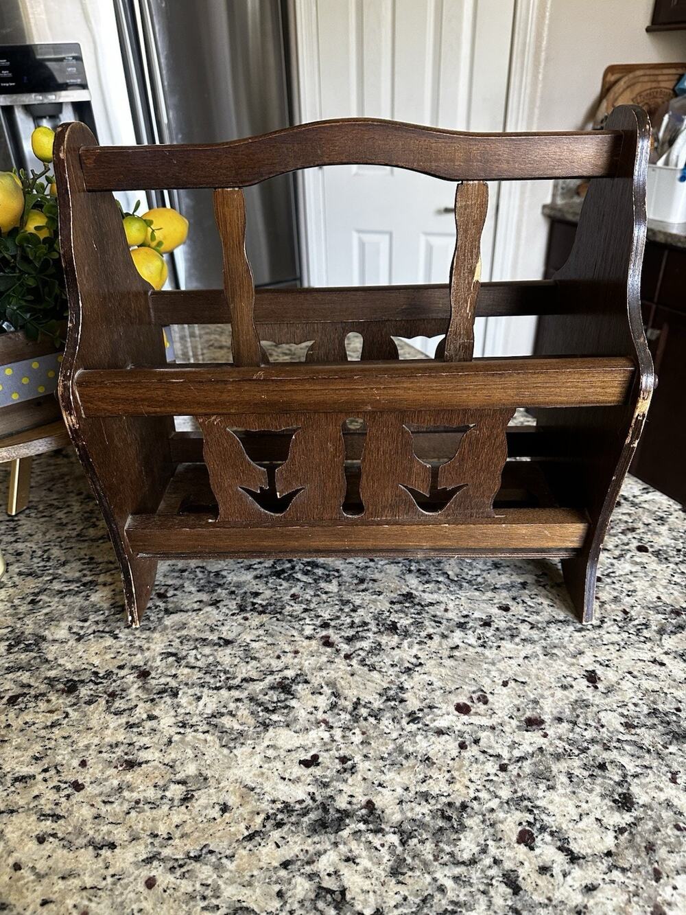 Vintage Wooden Freestanding Magazine Rack with Decorative Cutouts *Read